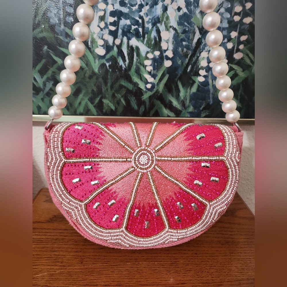 Viral Grapefruit Beaded Clutch with Pearl Strap. Only Used Once. In Ex Condition